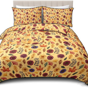 Autumn Fall Leaves and Flowers Pattern Duvet Cover