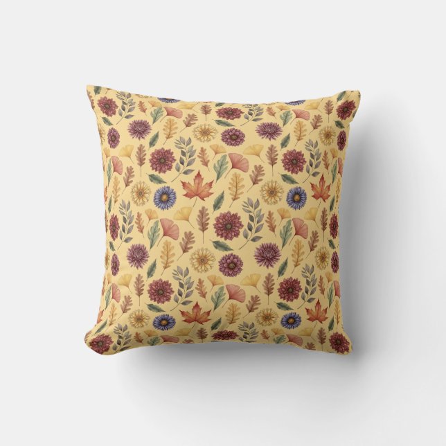 Autumn Fall Leaves and Flowers Pattern Throw Pillow (Front)