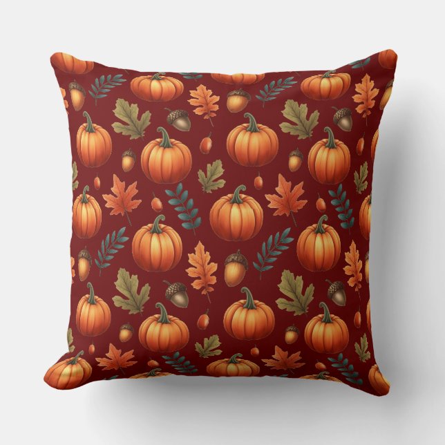 Autumn Fall Leaves And Pumpkin Seamless Pattern Throw Pillow (Front)