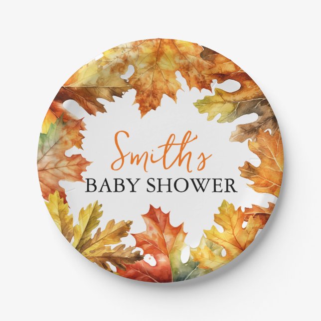 Autumn Fall Leaves Baby Shower Paper Plates (Front)