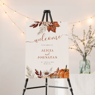Autumn fall leaves boho ivory wedding welcome sign