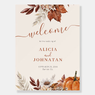 Autumn fall leaves boho ivory wedding welcome sign