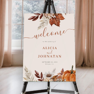 Autumn fall leaves boho ivory wedding welcome sign