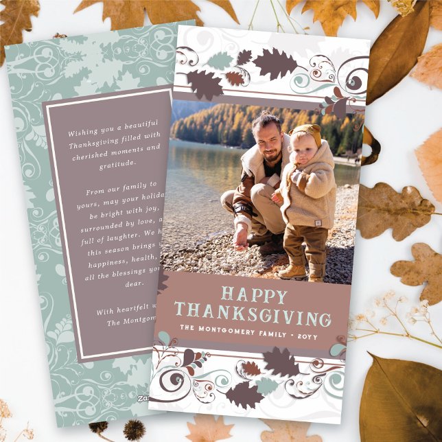 Autumn Fall Leaves Brown Swirls Thanksgiving Photo Holiday Card (Fall / Autumn Leaves Elegant Decorative Swirls Happy Thanksgiving Photo Holiday Card @ fat_fa_tin)