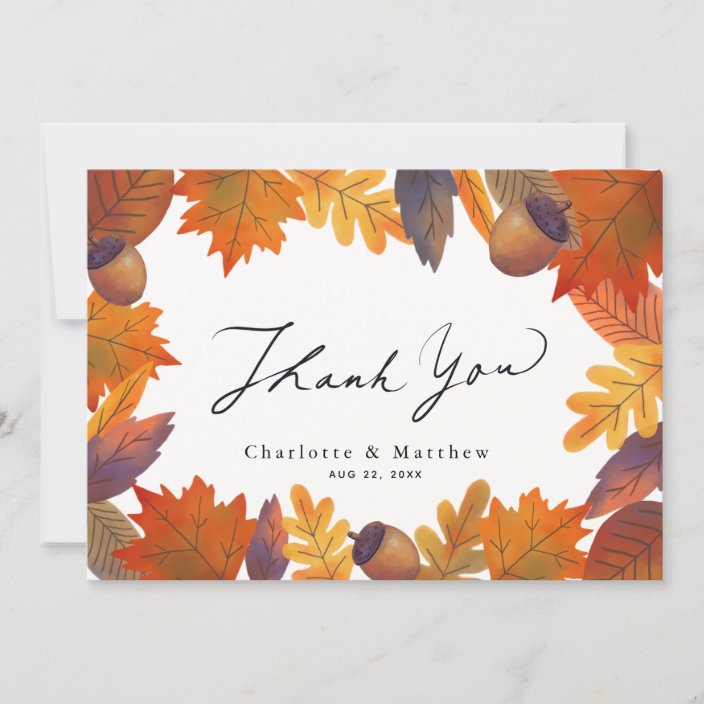 Autumn Fall Leaves Caligraphy Wedding Thank You Card | Zazzle.com