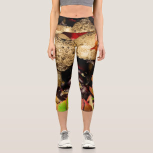 Autumn Fall leaves, chestnuts mushrooms photo Capri Leggings