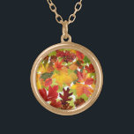 Autumn Fall Leaves Gold Plated Necklace<br><div class="desc">Amazing falling autumn leaves collage in green,  orange,  red,  yellow colors.</div>