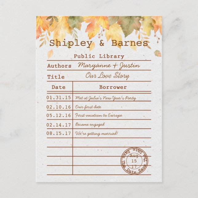Autumn Fall Leaves Library Card Save The Date | (Front)