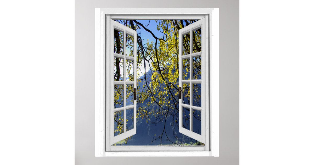 Autumn Fall Leaves Mountain View Faux Window Poster Zazzle Com