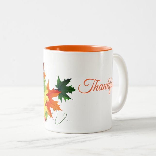Autumn Fall Leaves Mug-Thankful Two-Tone Coffee Mug (Front Right)