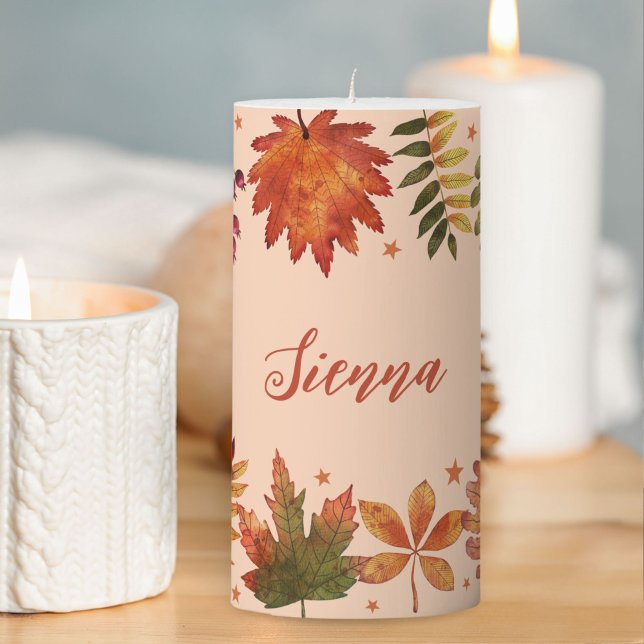 Autumn Fall Leaves Name Terracotta Pillar Candle (Autumn Fall Leaves Name Terracotta Pillar Candle)