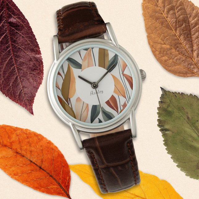Autumn Fall Leaves Nature Themed Custom Name Watch (A stylish watch with Autumn leaves design in orange, green, brown and yellow)