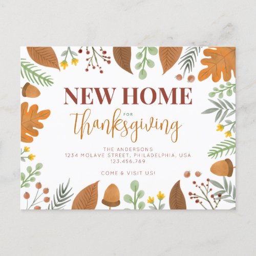 Autumn Fall Leaves New Home For Thanksgiving Announcement Postcard