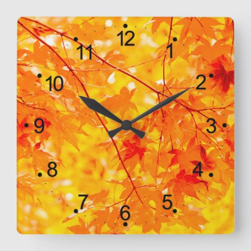 Autumn Fall Leaves Orange Square Wall Clock