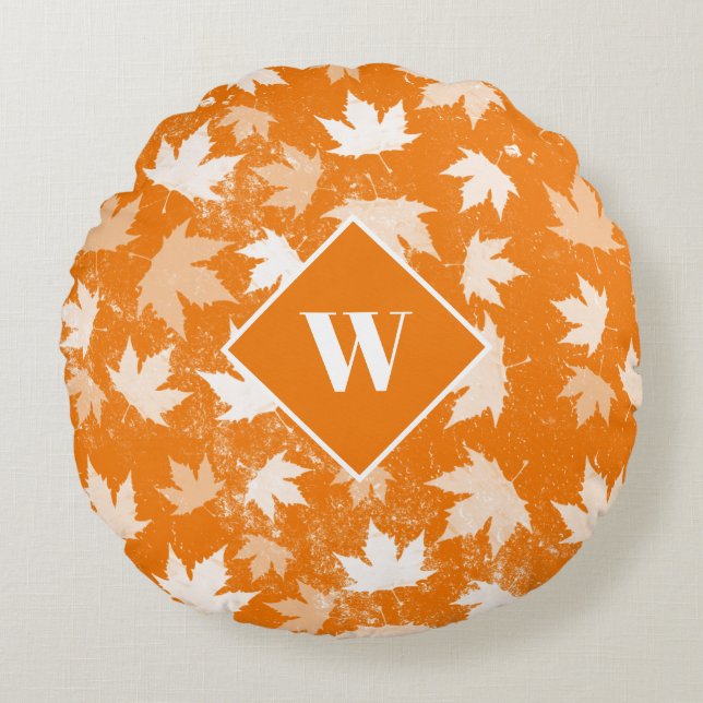 Autumn Fall Leaves Pattern Monogram Round Pillow (Front)