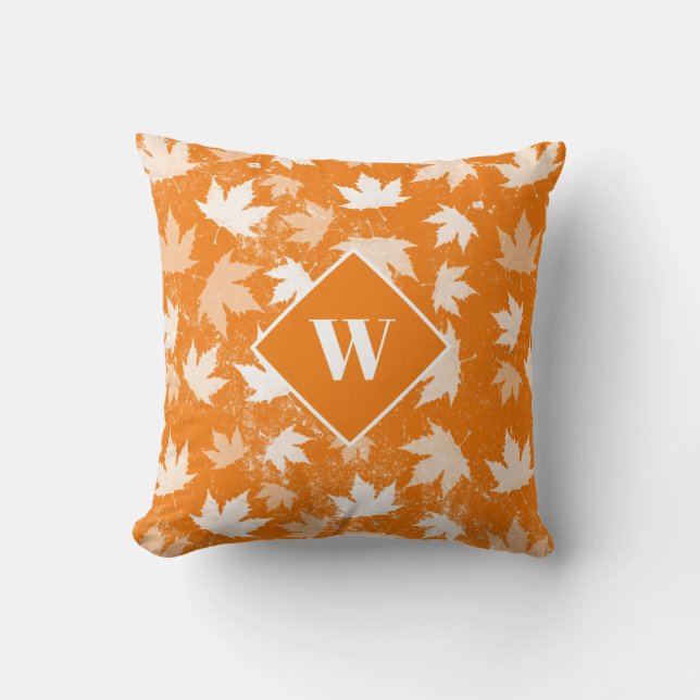 Autumn Fall Leaves Pattern Monogram  Throw Pillow (Front)