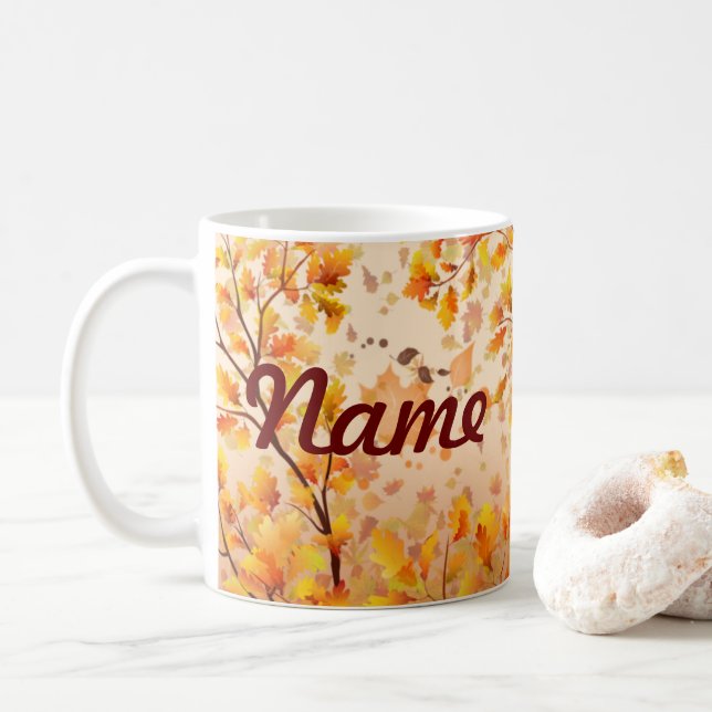 Autumn Fall Leaves Personalized Coffee Mug, Cup (With Donut)