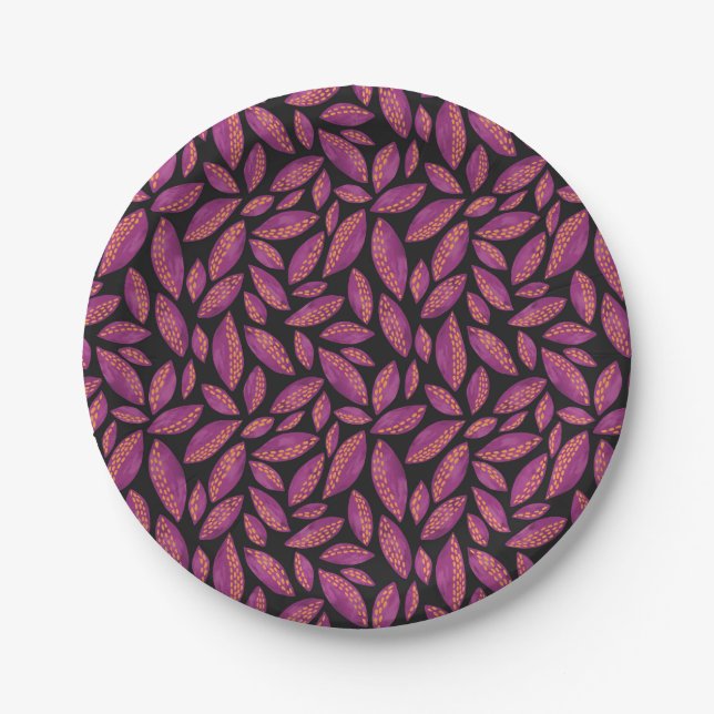 Autumn Fall Leaves Purple & Black Pattern Paper Plates (Front)