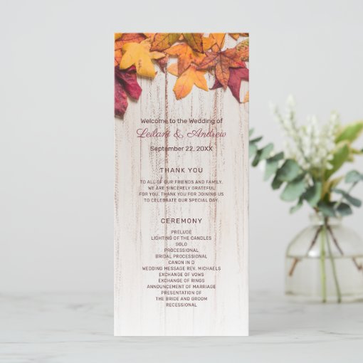 Autumn Fall Leaves Rustic Wood Wedding Program | Zazzle