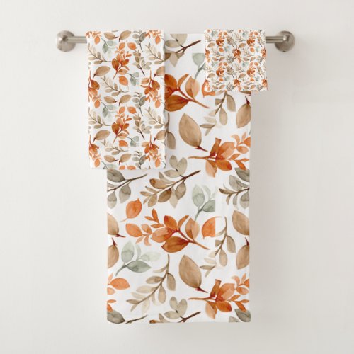 Autumn Fall Leaves Terracotta Brown Boho Pattern   Bath Towel Set