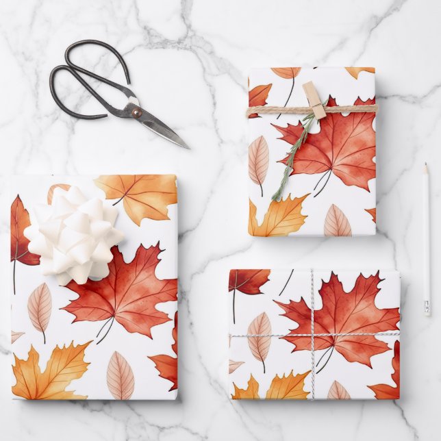 Autumn Fall Leaves Terracotta Brown Boho Pattern  Wrapping Paper Sheets (Front)