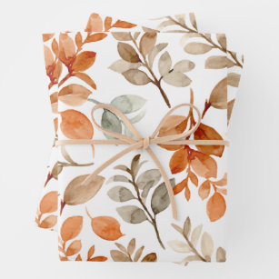 Autumn Fall Leaves Terracotta Brown Boho Pattern  Wrapping Paper Sheets