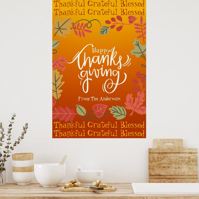Autumn Fall Leaves Typography Happy Thanksgiving Poster (Kitchen)