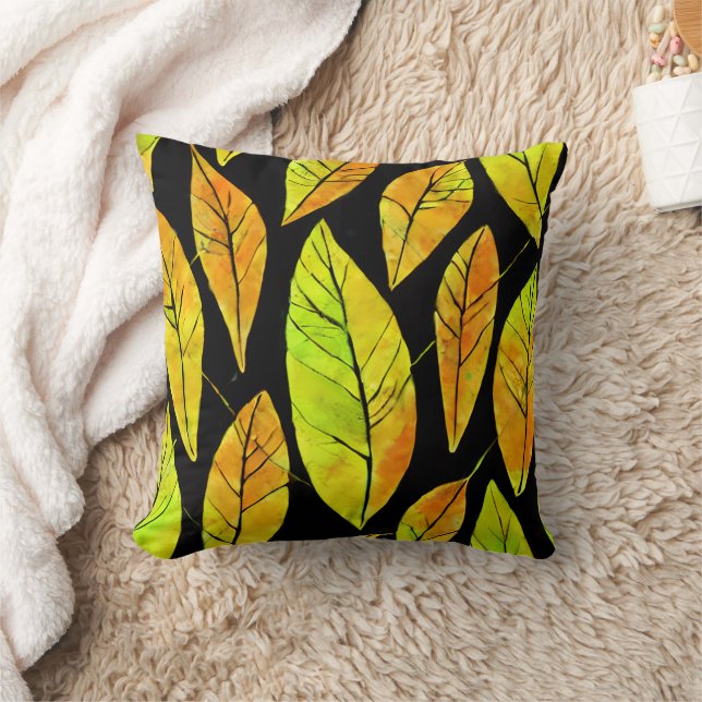 Autumn Fall Leaves Watercolor Pattern Throw Pillow (Blanket)