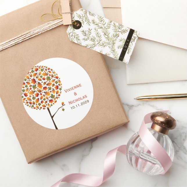 Autumn Fall Leaves Whimsical Pop Tree Wedding Classic Round Sticker (Gifting)