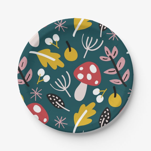  autumn fall leaves with mushroom in green shade   paper plates (Front)