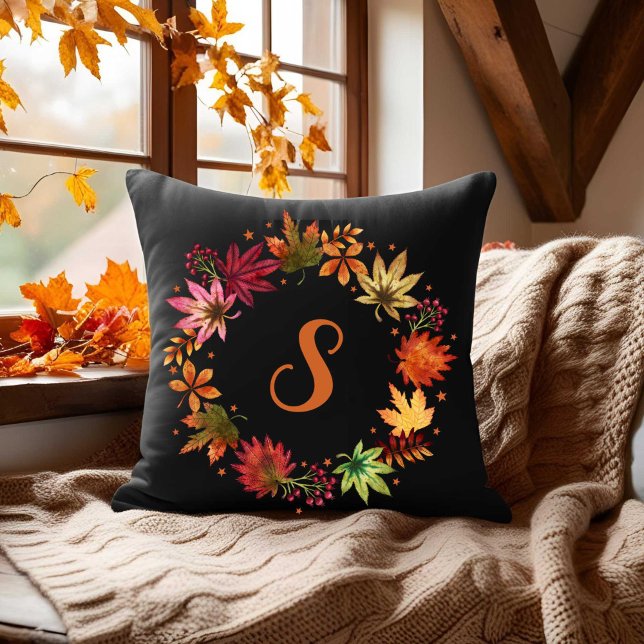 Autumn Fall Leaves Wreath on Black With Monogram Throw Pillow (Autumn Fall Leaves Wreath on Black With Monogram Throw Pillow)