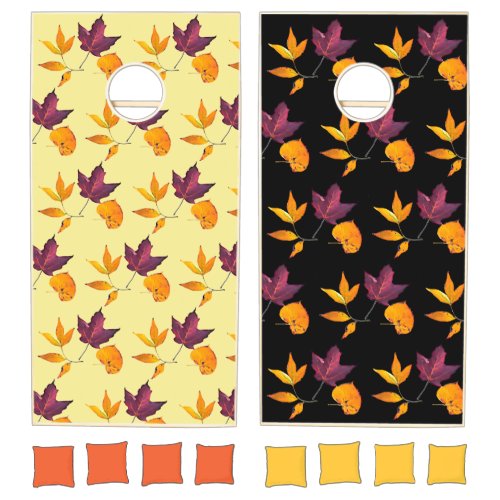 Autumn Fall Leaves Yellow Burgundy and White Cornhole Set