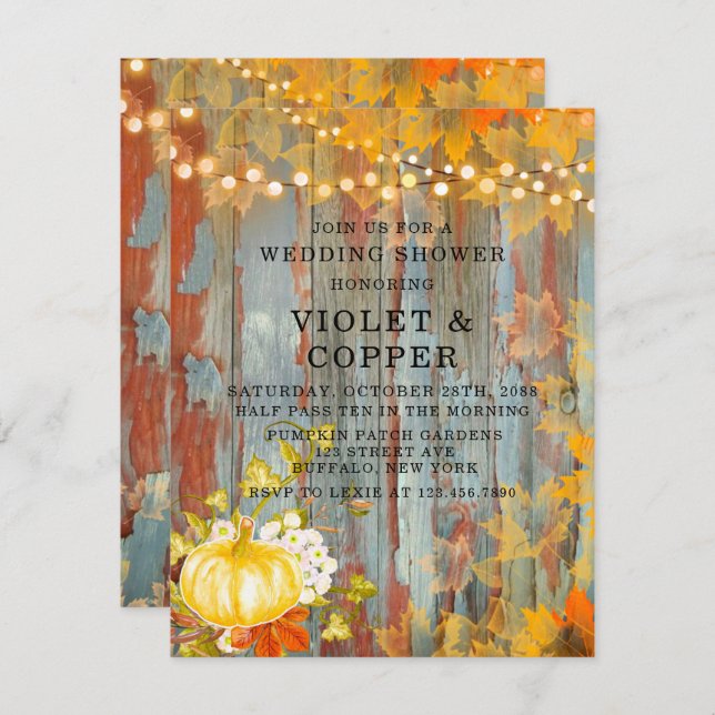 Autumn Fall Lights Rust Wood Wedding Shower Invitation (Front/Back)