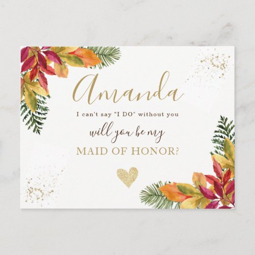 Autumn fall Maid of Honor or BRIDESMAID proposal Invitation Postcard