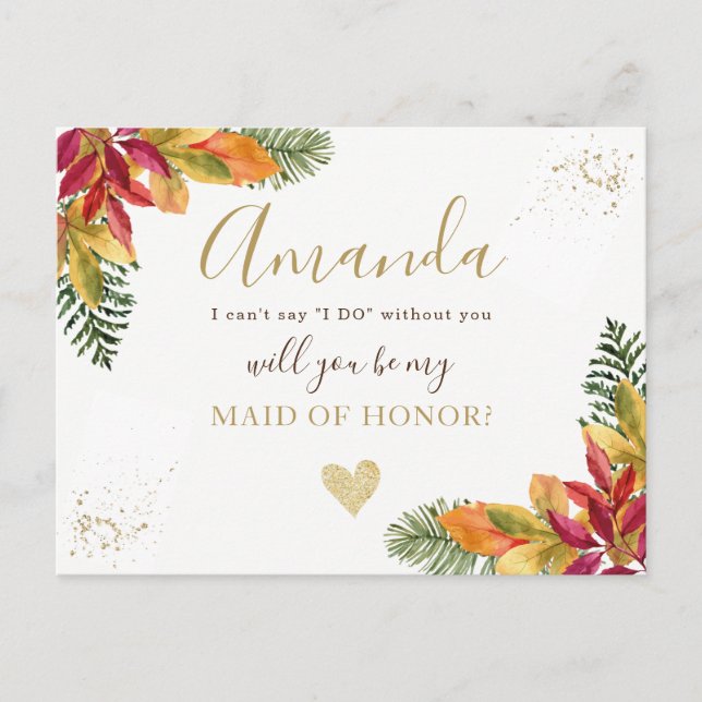 Autumn fall Maid of Honor or BRIDESMAID proposal Invitation Postcard (Front)
