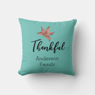 Autumn Fall Maple Leaf Blue Thankful Family Throw Pillow