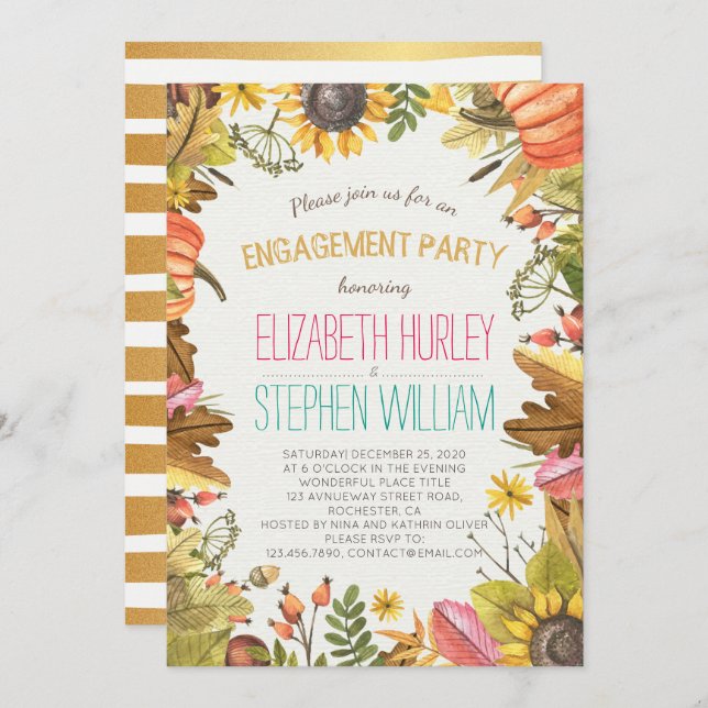 Autumn Fall Maple Leaves Pumpkin Engagement Party Invitation (Front/Back)