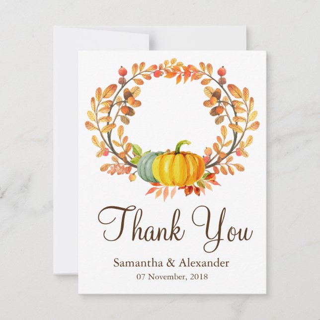 Autumn Fall Maple Leaves Pumpkin Thank You Card (Front)