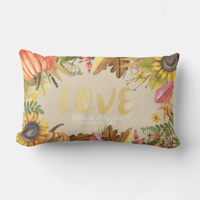 Autumn Fall Maple Leaves Pumpkin Wedding Shower Lumbar Pillow (Front)