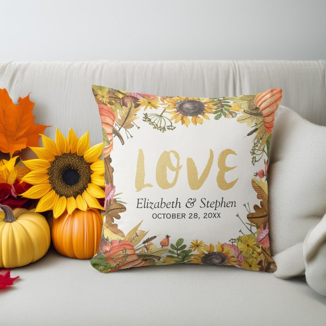 Autumn Fall Maple Leaves Pumpkin Wedding Shower Throw Pillow (Creator Uploaded)