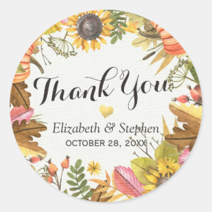 Autumn Fall Maple Leaves Pumpkin Wedding Thank You Classic Round Sticker