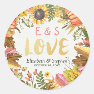 Autumn Fall Maple Leaves Pumpkin Wedding Thank You Classic Round Sticker