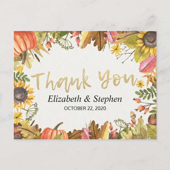 Autumn Fall Maple Leaves Pumpkin Wedding Thank You Postcard (Front)