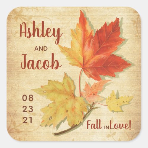 Autumn Fall Maple Leaves Wedding Favor Save Date Square Sticker