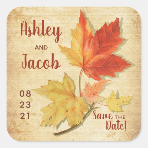 Autumn Fall Maple Leaves Wedding Save the Date Square Sticker