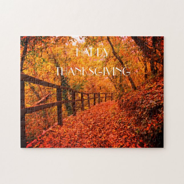 Autumn Fall Modern Thanksgiving Leaves Orange Jigsaw Puzzle (Horizontal)