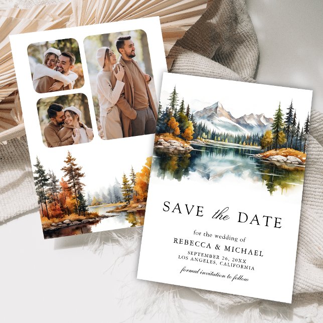 Autumn Fall Mountain Forest Lake Photo Wedding Save The Date (Creator Uploaded)