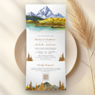 Autumn Fall Mountain Forest Lake QR Code Wedding Tri-Fold Invitation