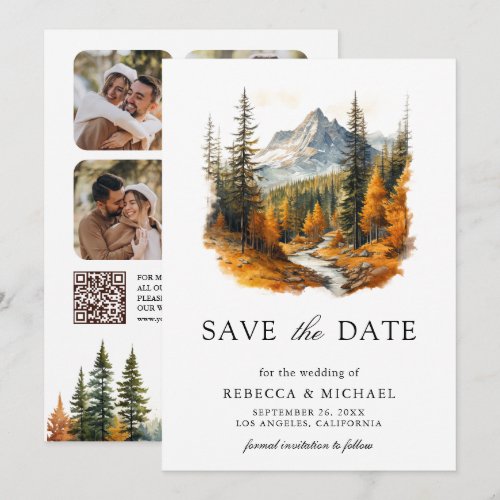 Autumn Fall Mountain Forest Photo QR Code Wedding Save The Date