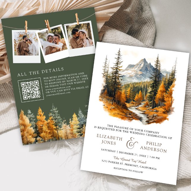 Autumn Fall Mountain Forest QR Code Photo Wedding  Invitation (Creator Uploaded)
